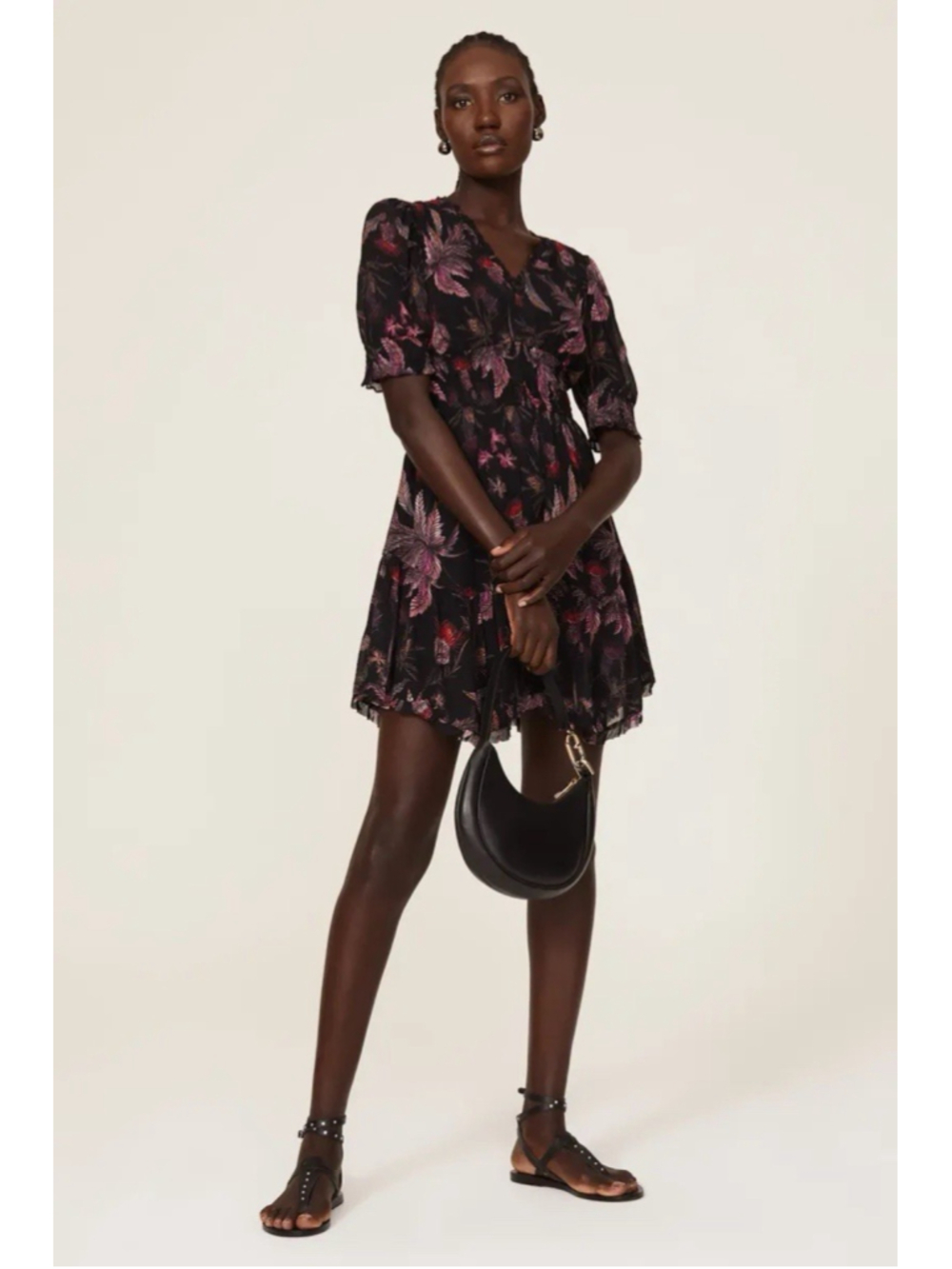Allsaints Via Harris Dark Romantic Floral Mini Dress US 10 Smocked Puff Sleeve